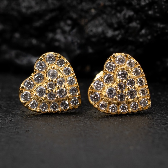 Women’s Heart Honey Comb Set 925 Sterling Silver 14K Yellow Gold Stud Earrings - Picture 2 of 5